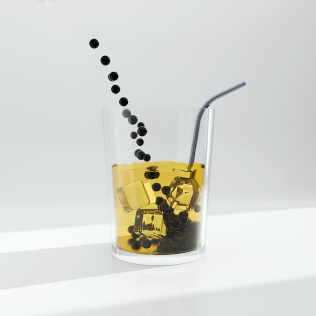 A glass with ice cubes and a straw with a black straw in it.