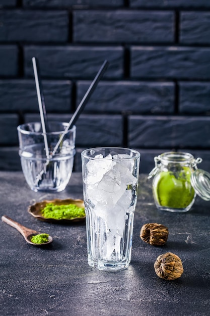 A glass with ice cubes top view