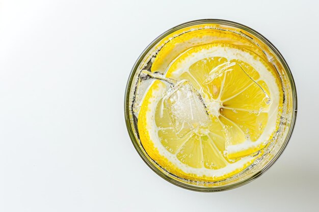 Photo glass with lemon lemonade and ice on a white background view from the top high quality photo