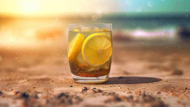 Glass with lemon water in the sand of the beach Vacation scene with lemonade glass on the shore line Generative AI