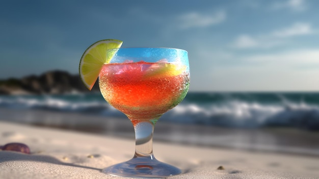 A glass with a lime wedge on the sand