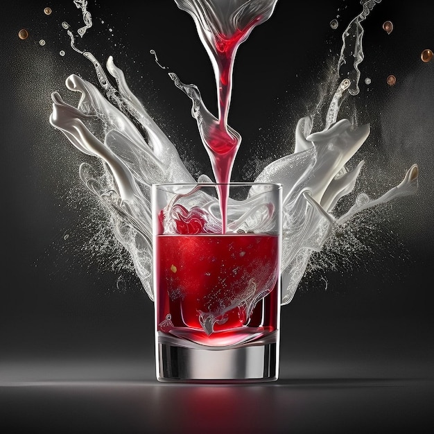 A glass with liquid and a splash of liquid being poured into it.