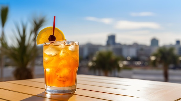 Glass with mai tai cocktail on wooden board on hotel