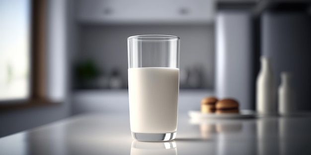 glass with milk on a white table on blurred kitchen background