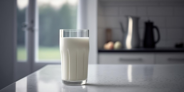 glass with milk on a white table on blurred kitchen background