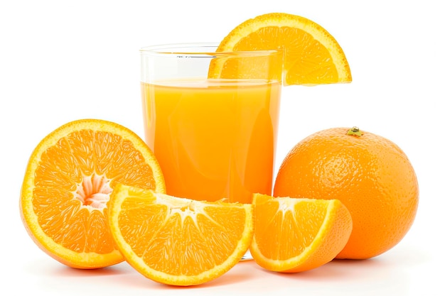 glass with orange juice with slices of oranges isolated on white background