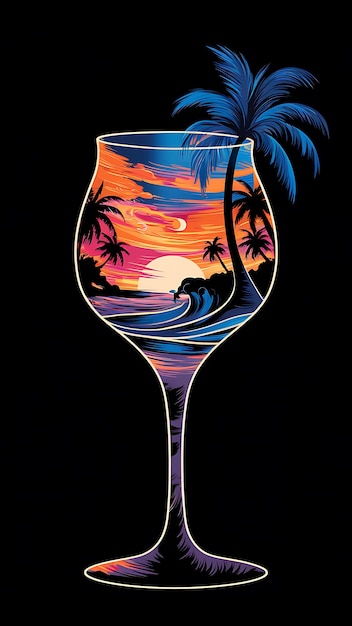 a glass with palm trees and sunset on it