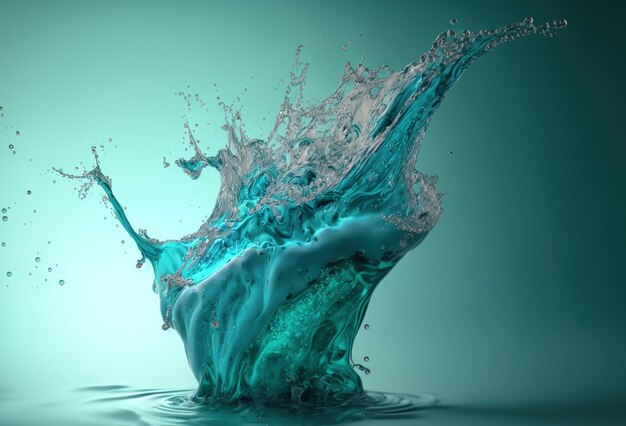 A glass with a splash of colored transparent liquid An explosion of water droplets on an abstract gradient background 3D rendering AI generated