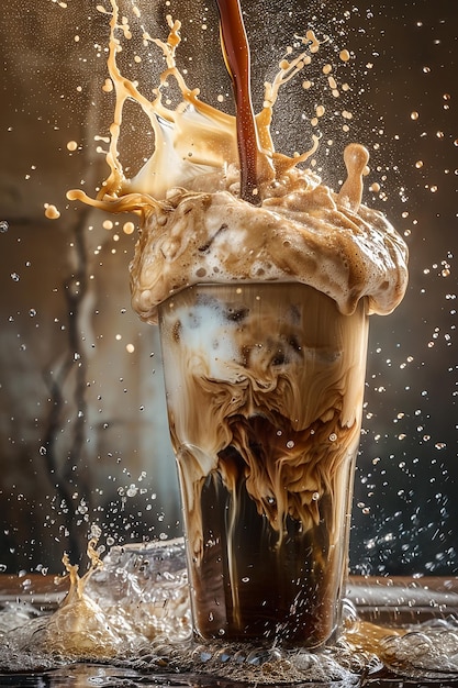 Photo a glass with a splash of liquid and a spoon in it