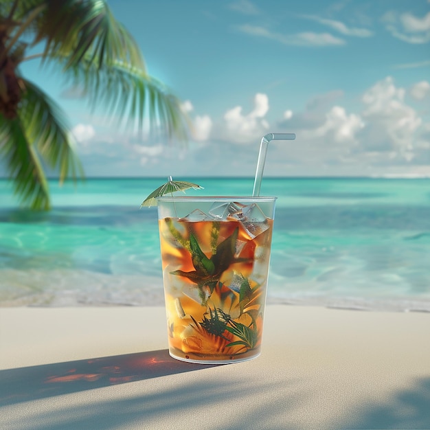 Photo a glass with a straw and a straw on the beach