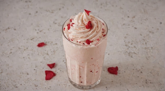 a glass with a strawberry cream and a strawberry in it