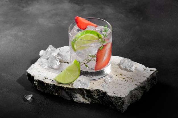 A glass with summer strawberry soda drink or mojito with strawberry ice cubes and lime on dark