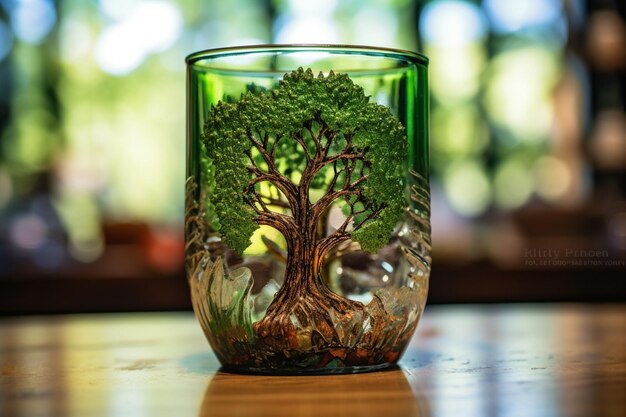 A glass with a tree on it that has a picture of