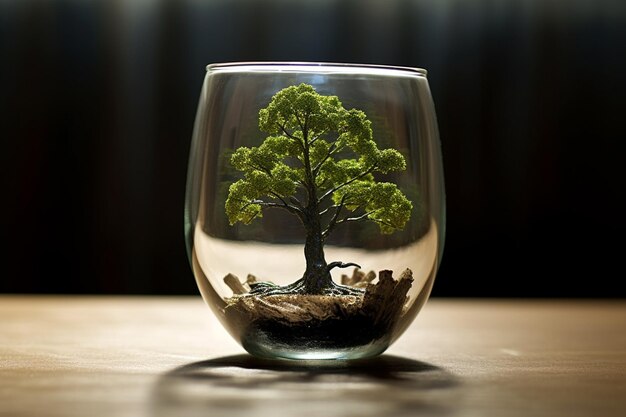 A glass with a tree on it that has a picture of