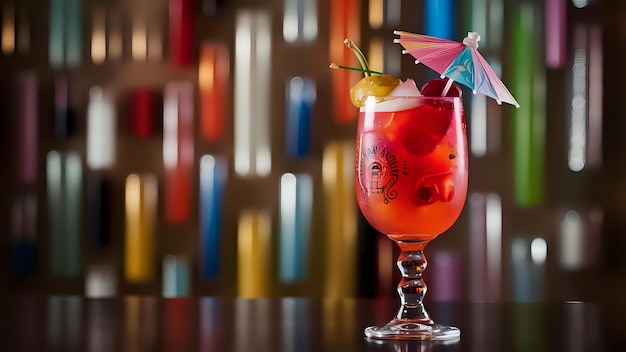 a glass with a tropical drink and a tropical umbrella on it