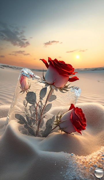 A glass with two red roses in it in the sand with the sun setting behind it.