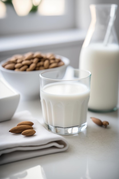 Glass with vegan almond milk with almonds on a white tableGenerative AI