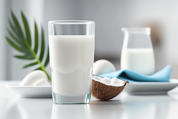 Glass with vegan coconut milk on a white table Generative AI