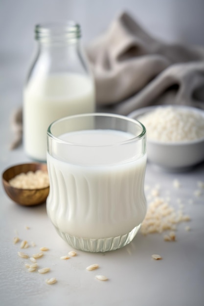 Glass with vegan rice milk on a white table Generative AI