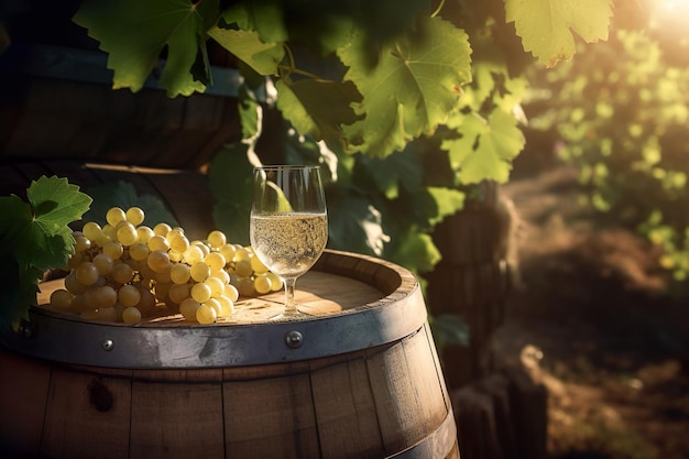 Glass with white wine on a wooden barrel in the vineyard Generative Ai