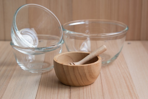 Glass and wooden bowl and Kitchen Utensils