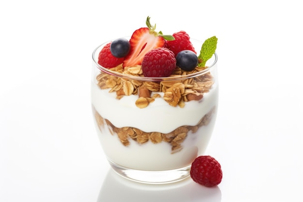 A glass of yogurt topped with berries and granola