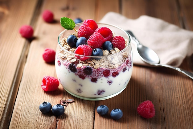 A glass of yogurt with berries and granola on it