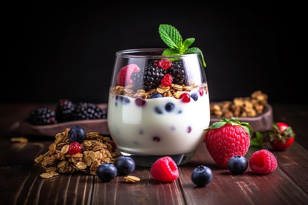 A glass of yogurt with berries and granola on a wooden table.