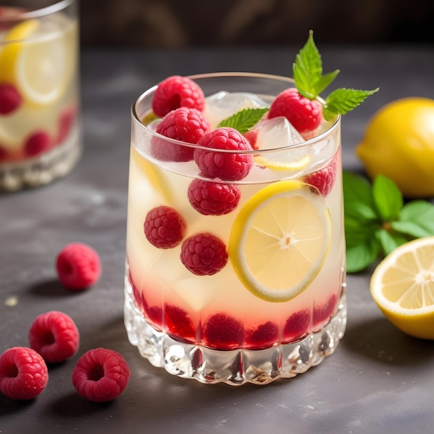 Photo a glass of yogurt with raspberries and lemon slices