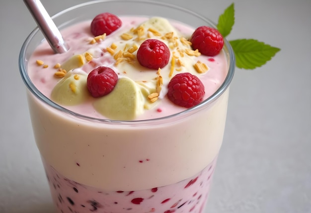 a glass of yogurt with raspberries and milkshake