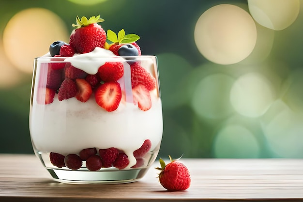 A glass of yogurt with strawberries and blueberries on a wooden table.