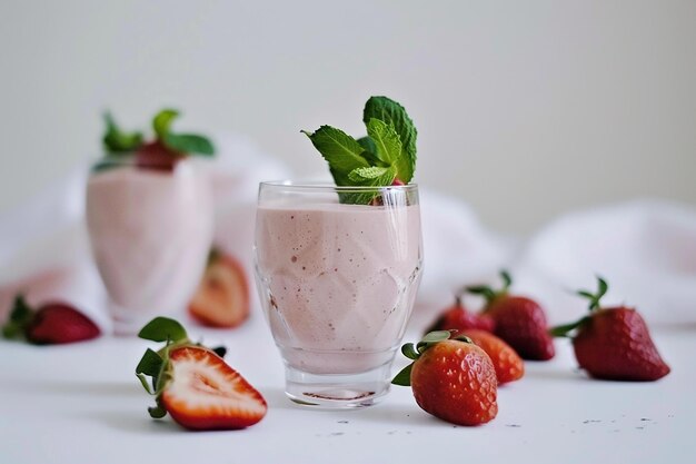 Photo a glass of yogurt with strawberries and a glass of water