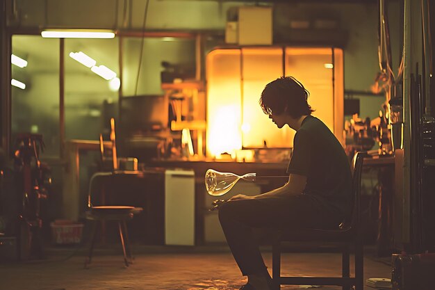 Photo glassblower in a dimly lit workshop working on a piece of glass