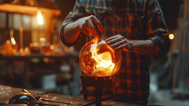 A glassblower uses a tool to shape molten glass