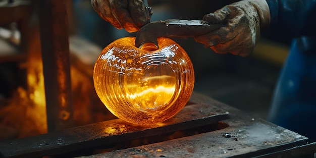 Photo glassblowing process in a hot workshop