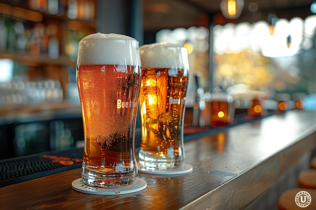 Glasses of beer on the bar counter in a pub or restaurant