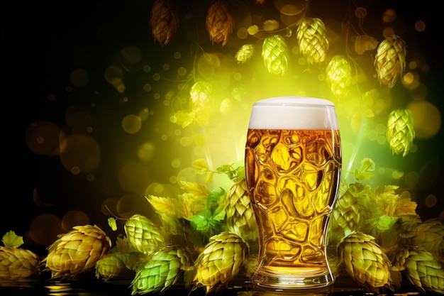 Glasses of beer with hops on a green background 1