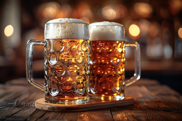 Glasses of beer on a wooden table in a pub Beer background