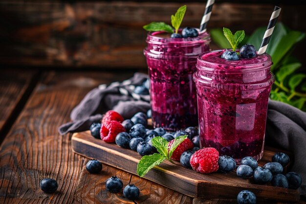 Glasses of blueberry smoothie on wooden table closeup