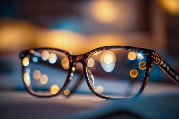 Glasses on a book with lights in the background