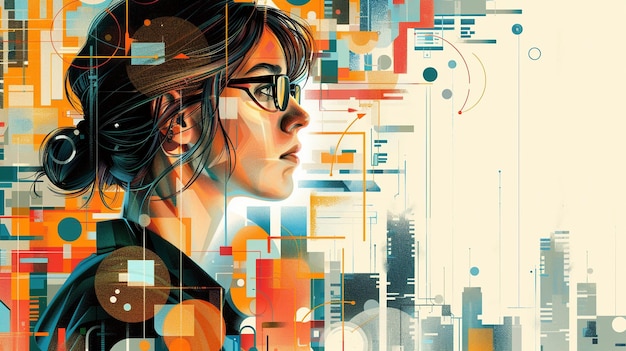 Glasses brunette woman against complex geometric 2D illustration ai generated