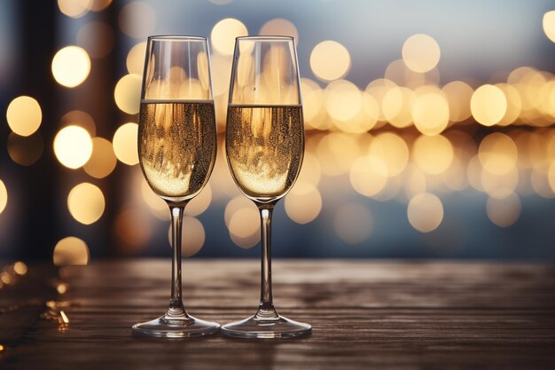 Glasses of champagne on bokeh lights background New Year celebration