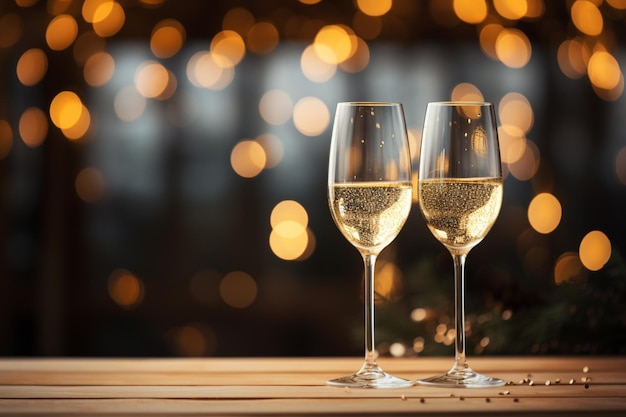 Glasses of champagne on bokeh lights background New Year celebration