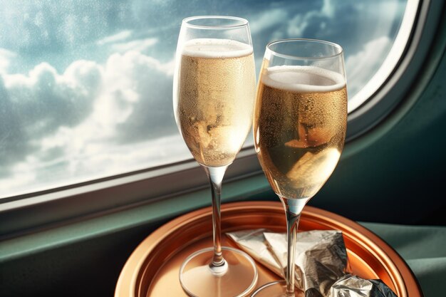 Glasses champagne plane drink Generate Ai