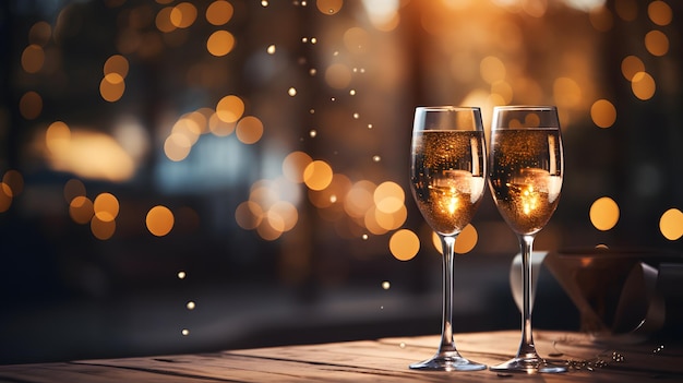 Glasses of champagne on table against blurred festive lights