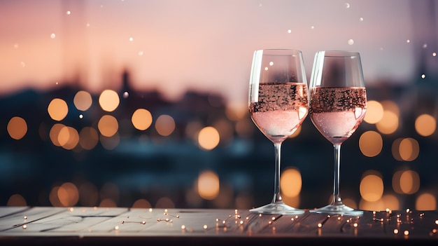 Glasses of champagne on table against blurred festive lights