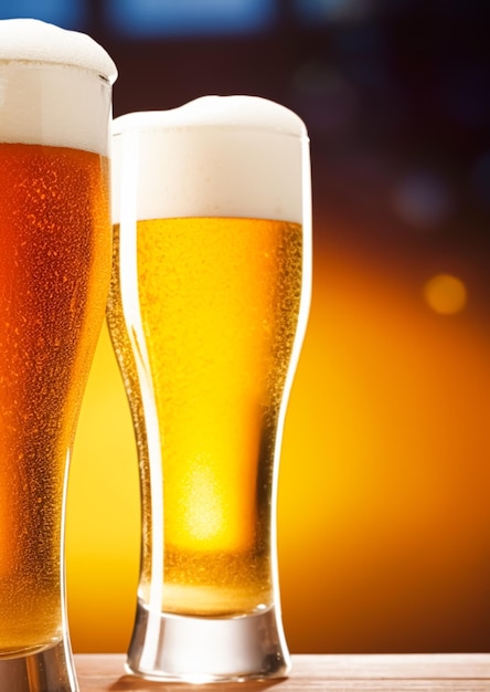 Glasses of cold beer with foam pint of original premium beer drink alcohol flavour and holiday celebration idea