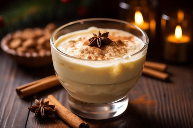 Glasses of delicious eggnog with cinnamon topping on wooden table