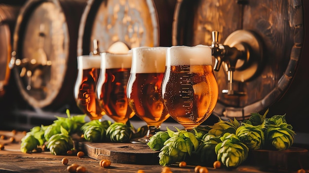 Glasses of different beers with foam and green hops on wooden table in a brewery