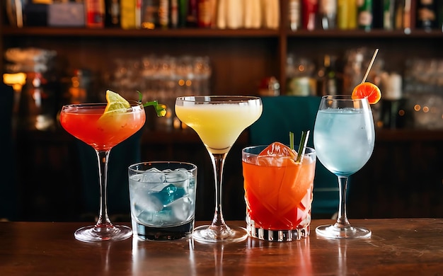 Glasses of different cocktails on bar background